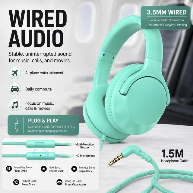 Alt view image 2 of 7 - Wired Over-Ear Headphones with Cord Mic,1.4M Tangle-Free,Stereo Bass Green Adjustable Headband Foldable Portable Lightweight Headset for Office/Tablet/Smartphone/Laptop/Travel/Music,Aux 3.5mm