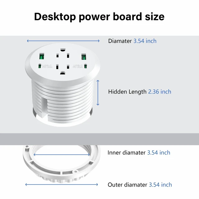 Alt view image 5 of 7 - Desktop Power Grommet,GaN 65W USB C Fast Charging Station,2 AC Outlets,4 USB Ports in to the Top,Flush Mount Power Grommet 3'' Hole,Countertop Recessed Outlet White