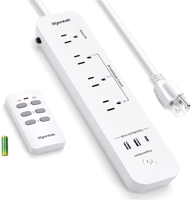 Main image of Remote Control Power Strip with 3 RF Controlled Outlets & 3 USB Ports, Surge Protector Extension Cord (5ft), 15A/1875W for Home and Workstation Appliances