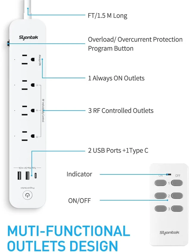 Alt view image 5 of 7 - Remote Control Power Strip with 3 RF Controlled Outlets & 3 USB Ports, Surge Protector Extension Cord (5ft), 15A/1875W for Home and Workstation Appliances