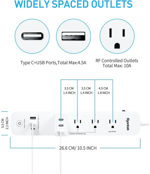 Alt view image 7 of 7 - Remote Control Power Strip with 3 RF Controlled Outlets & 3 USB Ports, Surge Protector Extension Cord (5ft), 15A/1875W for Home and Workstation Appliances