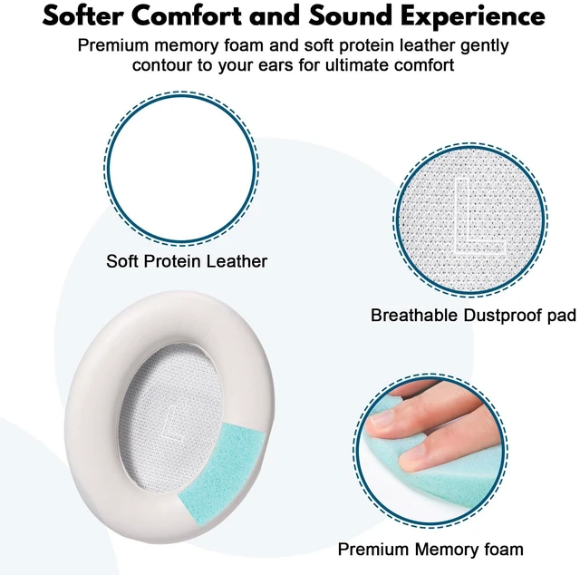 Alt view image 3 of 7 - Replacement Earpads for Bose QuietComfort Ultra Headphones Premium Memory Foam Cushions, Soft Protein Leather, Noise Isolation, Easy Installation, for Bose QC Ultra (White Smoke)