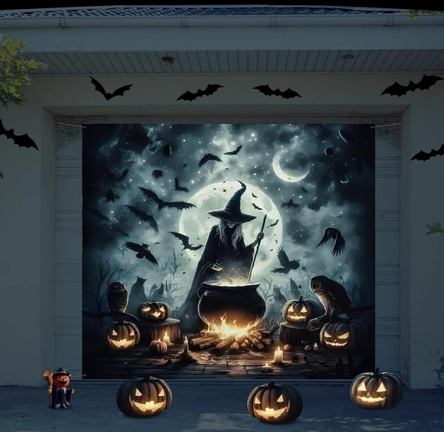Main image of 7 x 8 ft Halloween Garage Door Cover Decorations Witch Backdrop Halloween Single Garage Door Banner, Witch Cauldron, Horror Night Backdrop Hanging Decor for Outdoor Indoor Home Party