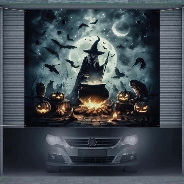 Alt view image 3 of 7 - 7 x 8 ft Halloween Garage Door Cover Decorations Witch Backdrop Halloween Single Garage Door Banner, Witch Cauldron, Horror Night Backdrop Hanging Decor for Outdoor Indoor Home Party
