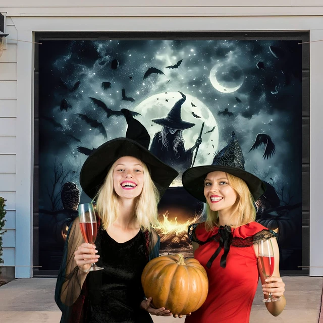 Alt view image 4 of 7 - 7 x 8 ft Halloween Garage Door Cover Decorations Witch Backdrop Halloween Single Garage Door Banner, Witch Cauldron, Horror Night Backdrop Hanging Decor for Outdoor Indoor Home Party