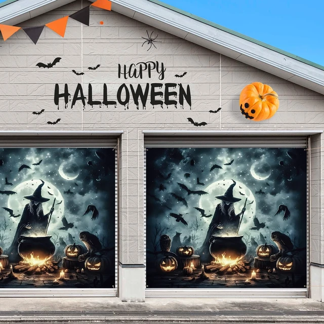 Alt view image 5 of 7 - 7 x 8 ft Halloween Garage Door Cover Decorations Witch Backdrop Halloween Single Garage Door Banner, Witch Cauldron, Horror Night Backdrop Hanging Decor for Outdoor Indoor Home Party