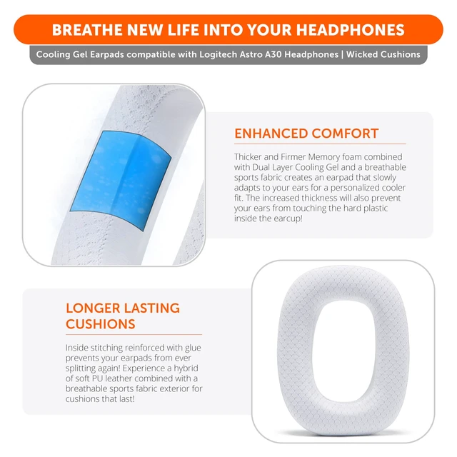 Alt view image 4 of 7 - Freeze A30 - Cooling Gel Earpads for Logitech Astro A30 Made by Wicked Cushions Elevate Comfort, Durability, Thickness & Sound Isolation for Gaming White