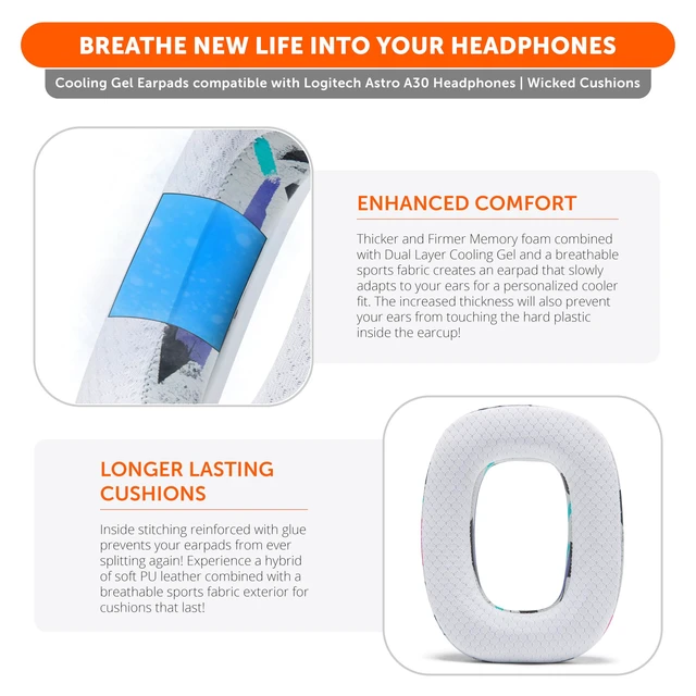 Alt view image 4 of 7 - Freeze A30 - Cooling Gel Earpads for Logitech Astro A30 Made by Wicked Cushions Elevate Comfort, Durability, Thickness & Sound Isolation for Gaming 90's White