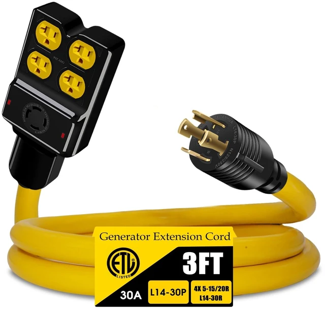 Main image of NEMA L14-30P to 4X 5-20R/5-15R&L14-30R Generator Adapter Extension Cord, 4 Prong 30 Amp to 110V,Twist Locking to 15 Amp/20 Amp Household Outlet, 125/250V 7500 Watts, ETL Listed (3FT)