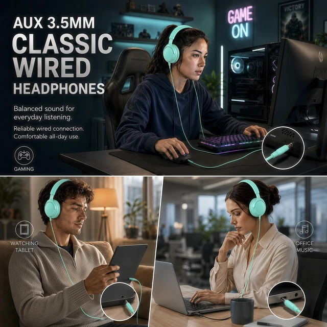 Alt view image 3 of 7 - Wired Over-Ear Headphones with Cord Mic,1.4M Tangle-Free,Stereo Bass Green Adjustable Headband Foldable Portable Lightweight Headset for Office/Tablet/Smartphone/Laptop/Travel/Music,Aux 3.5mm