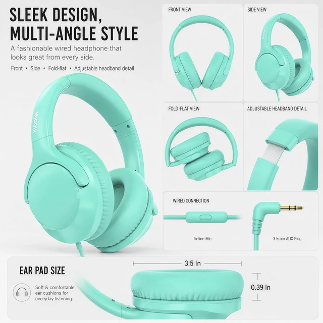 Alt view image 4 of 7 - Wired Over-Ear Headphones with Cord Mic,1.4M Tangle-Free,Stereo Bass Green Adjustable Headband Foldable Portable Lightweight Headset for Office/Tablet/Smartphone/Laptop/Travel/Music,Aux 3.5mm