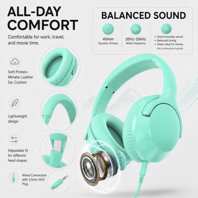 Alt view image 6 of 7 - Wired Over-Ear Headphones with Cord Mic,1.4M Tangle-Free,Stereo Bass Green Adjustable Headband Foldable Portable Lightweight Headset for Office/Tablet/Smartphone/Laptop/Travel/Music,Aux 3.5mm