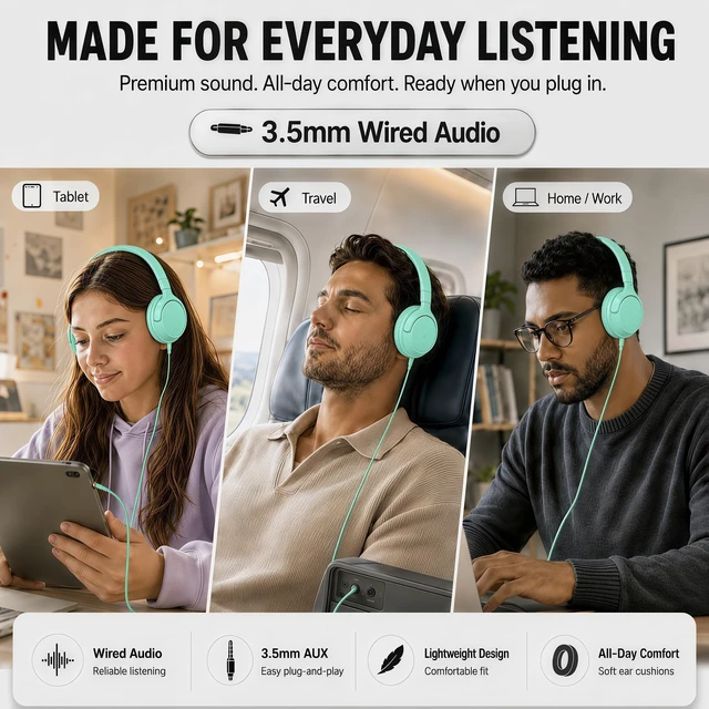 Alt view image 7 of 7 - Wired Over-Ear Headphones with Cord Mic,1.4M Tangle-Free,Stereo Bass Green Adjustable Headband Foldable Portable Lightweight Headset for Office/Tablet/Smartphone/Laptop/Travel/Music,Aux 3.5mm