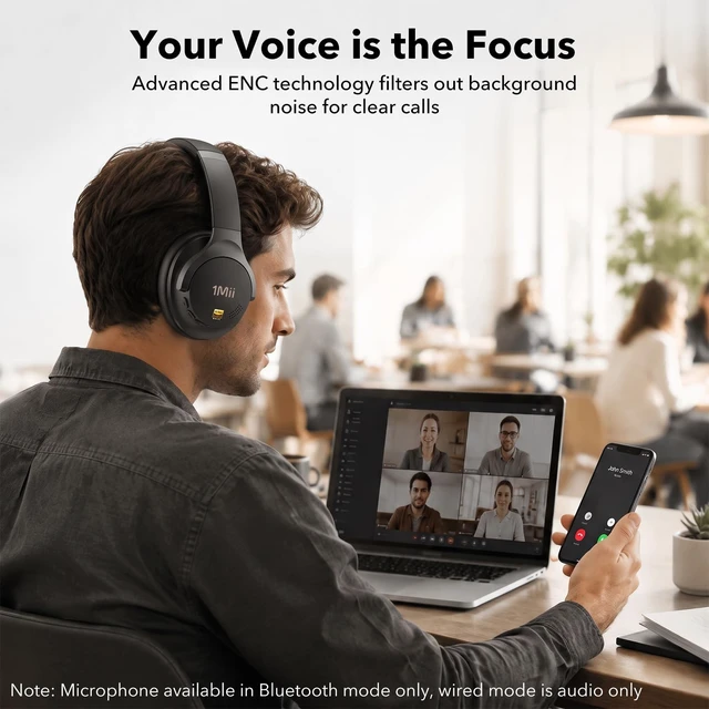 Alt view image 5 of 7 - Hybrid Active Noise Cancelling Headphones for Airplane Travel Bluetooth 6.0 Over-Ear Headset, Deep Bass, Custom EQ via APP, Hi-Res Audio, 100H Playtime, Comfort Fit for Office & Gaming