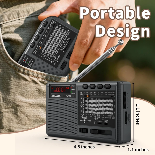 Alt view image 4 of 6 - D368 Portable Radio AM FM Shortwave Radio, Battery Operated Radio Excellent Reception Good Sound Speaker with MP3 Player, FM Stereo, Rechargeable Battery, TF/USB Playback for Home, Camping
