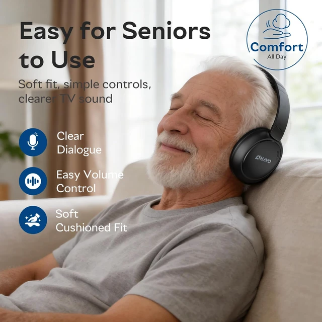 Alt view image 6 of 7 - Wireless Headphones for TV Watching with Transmitter Charging Dock For Seniors, Hearing Impaired Gifts, No Audio Delay, 30h Playtime, 100ft Range, Bluetooth 5.3, with Optical, AUX & RCA Cables