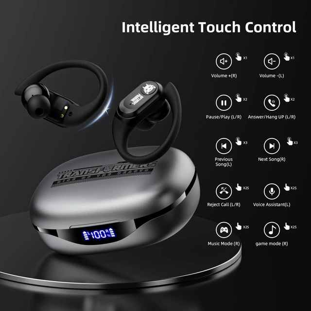 Alt view image 6 of 6 - Earbuds T26 Pro, Bluetooth 5.4 Wireless Gaming Earbuds with Mic, Over Ear Earbuds with Earhooks, 65H Playtime, Deep Bass, IPX5 Waterproof (Optimus Primal Gray)