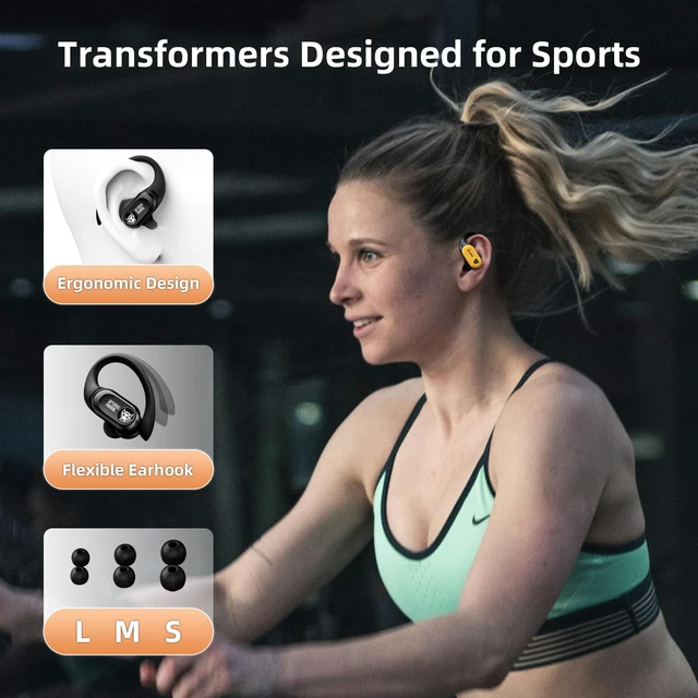 Alt view image 5 of 7 - Earbuds T26 Pro, Bluetooth 5.4 Wireless Gaming Earbuds with Mic, Over Ear Earbuds with Earhooks, 65H Playtime, Deep Bass, IPX5 Waterproof (Bumblebee Yellow)