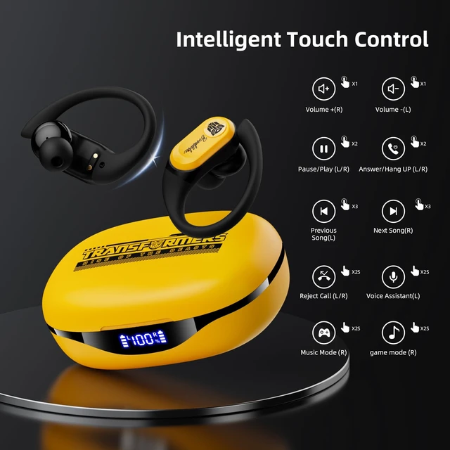 Alt view image 6 of 7 - Earbuds T26 Pro, Bluetooth 5.4 Wireless Gaming Earbuds with Mic, Over Ear Earbuds with Earhooks, 65H Playtime, Deep Bass, IPX5 Waterproof (Bumblebee Yellow)