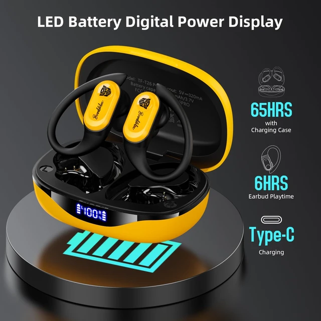 Alt view image 7 of 7 - Earbuds T26 Pro, Bluetooth 5.4 Wireless Gaming Earbuds with Mic, Over Ear Earbuds with Earhooks, 65H Playtime, Deep Bass, IPX5 Waterproof (Bumblebee Yellow)