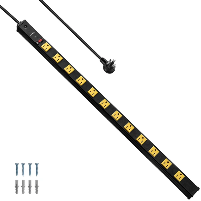 Main image of 12 Outlet Industrial Long Power Strip Surge Protector, 15 FT Cord Flat Plug, Wide-Spaced Outlets, 15A Circuit Breaker, Wall Mount, Heavy Duty Extension Cord, Workshop, Garage, Workbench