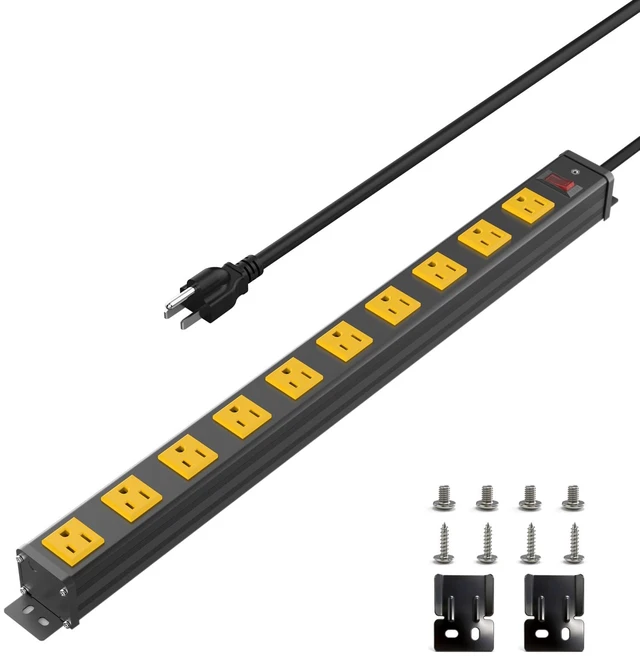 Main image of Long Power Strip, 10 Outlet Strip, Widely Spaced, 6FT Cord Wall Mount, 1.97 In Wide Spacing, Aluminum Housing, 15A/1875W, Surge Protection, ETL Listed for Garage, Workshop, Classroom