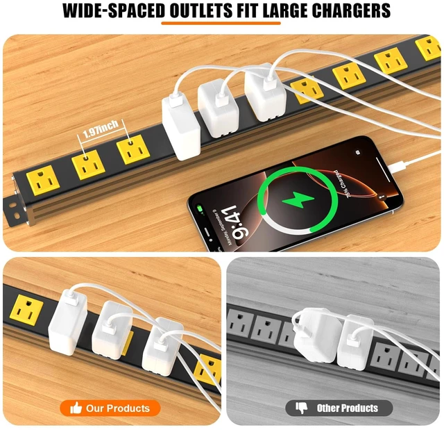 Alt view image 3 of 7 - Long Power Strip, 10 Outlet Strip, Widely Spaced, 6FT Cord Wall Mount, 1.97 In Wide Spacing, Aluminum Housing, 15A/1875W, Surge Protection, ETL Listed for Garage, Workshop, Classroom