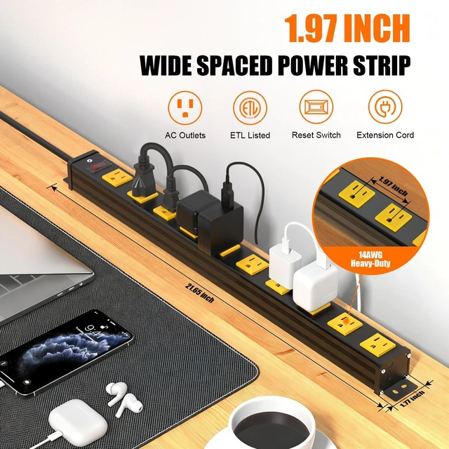 Alt view image 2 of 7 - Long Power Strip, 10 Outlet Strip, Widely Spaced, 6FT Cord Wall Mount, 1.97 In Wide Spacing, Aluminum Housing, 15A/1875W, Surge Protection, ETL Listed for Garage, Workshop, Classroom