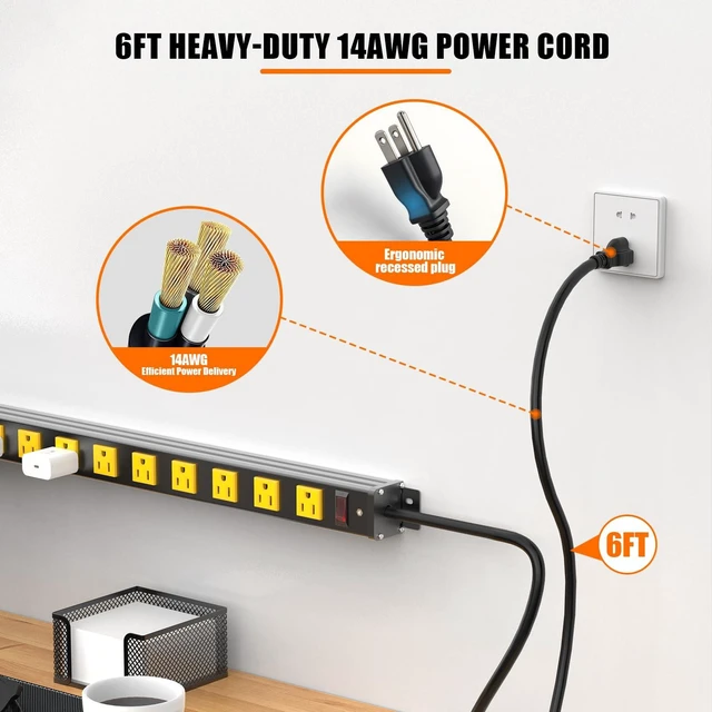 Alt view image 5 of 7 - Long Power Strip, 10 Outlet Strip, Widely Spaced, 6FT Cord Wall Mount, 1.97 In Wide Spacing, Aluminum Housing, 15A/1875W, Surge Protection, ETL Listed for Garage, Workshop, Classroom
