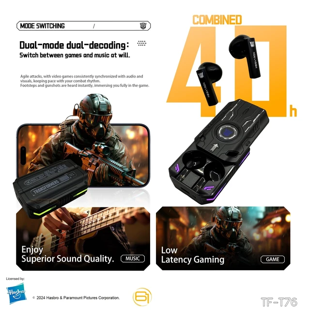 Alt view image 2 of 7 - Earbuds T76, Bluetooth 6.0 Wireless Gaming Earbuds with Mic, Low Latency in Ear Earbuds, 13mm Drivers, HD Calling, 40H Playtime, Zinc Alloy Case (Megatron Black)