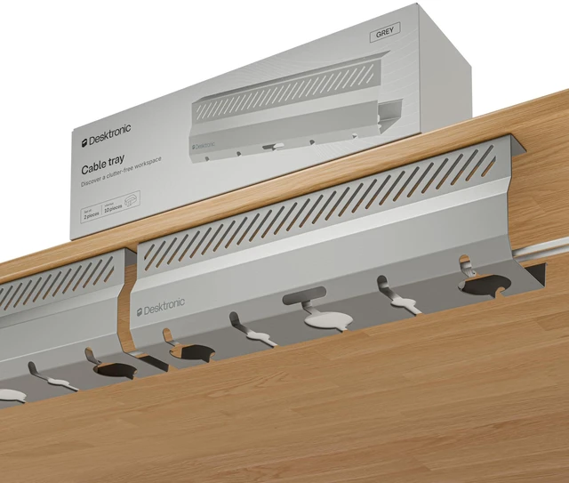Main image of Cable Duct Desk Gray Set of 2 - Stainless Steel Cable Management Desk Cable Duct with 5 Cable Cut-Outs - Easy to Install Cable Organiser - Cable Holder