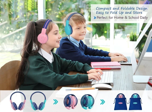 Alt view image 5 of 7 - 2 Pack Kids Bluetooth Headphones with Share Port, Foldable w/Pouch 75/85/94dB Volume Limit with Microphone for Toddler Teen, 30H Playtime, Bluetooth headset for School Airplane iPad PC Travel