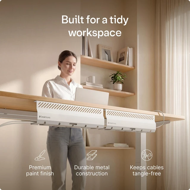 Alt view image 2 of 7 - Cable Duct Desk White Set of 2 - Stainless Steel Cable Management Desk Cable Duct with 5 Cable Cut-Outs - Easy to Install Cable Organiser - Cable Holder