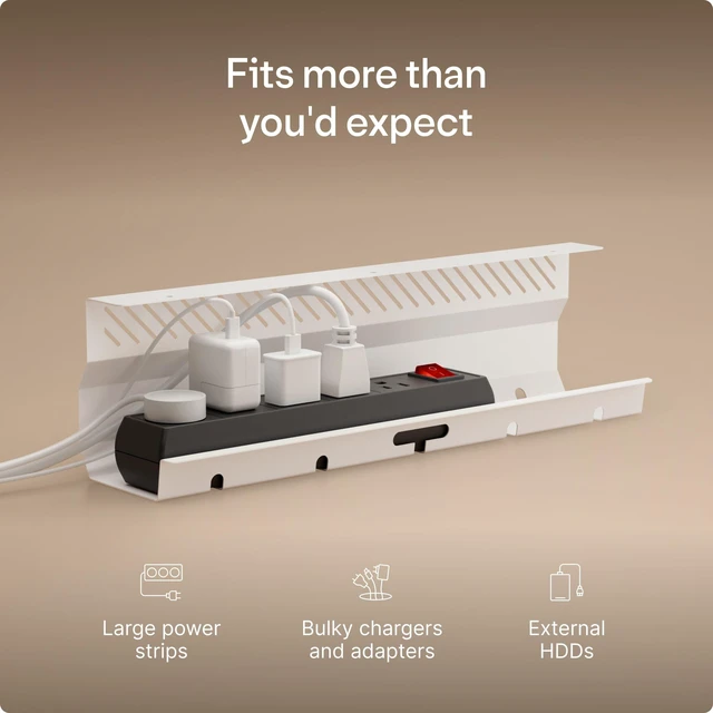 Alt view image 3 of 7 - Cable Duct Desk White Set of 2 - Stainless Steel Cable Management Desk Cable Duct with 5 Cable Cut-Outs - Easy to Install Cable Organiser - Cable Holder