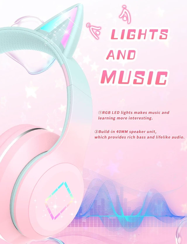 Alt view image 2 of 7 - Bluetooth Kids Headphones,Cat Ear LED Light Up Kids Wireless Headphones,Bluetooth 5.1&Stereo Sound, Foldable,Adjustable Headband,Children Headphone with Microphone for School/Tablet (Pink)