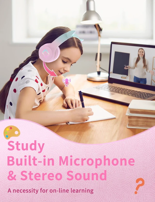Alt view image 3 of 7 - Bluetooth Kids Headphones,Cat Ear LED Light Up Kids Wireless Headphones,Bluetooth 5.1&Stereo Sound, Foldable,Adjustable Headband,Children Headphone with Microphone for School/Tablet (Pink)