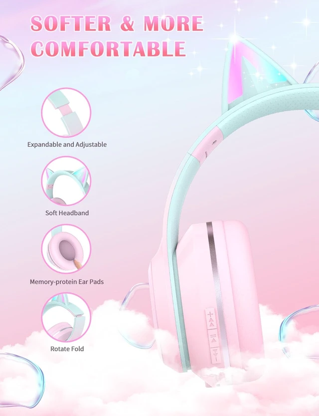 Alt view image 4 of 7 - Bluetooth Kids Headphones,Cat Ear LED Light Up Kids Wireless Headphones,Bluetooth 5.1&Stereo Sound, Foldable,Adjustable Headband,Children Headphone with Microphone for School/Tablet (Pink)