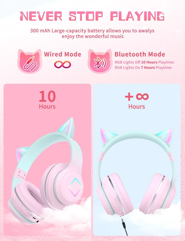Alt view image 5 of 7 - Bluetooth Kids Headphones,Cat Ear LED Light Up Kids Wireless Headphones,Bluetooth 5.1&Stereo Sound, Foldable,Adjustable Headband,Children Headphone with Microphone for School/Tablet (Pink)