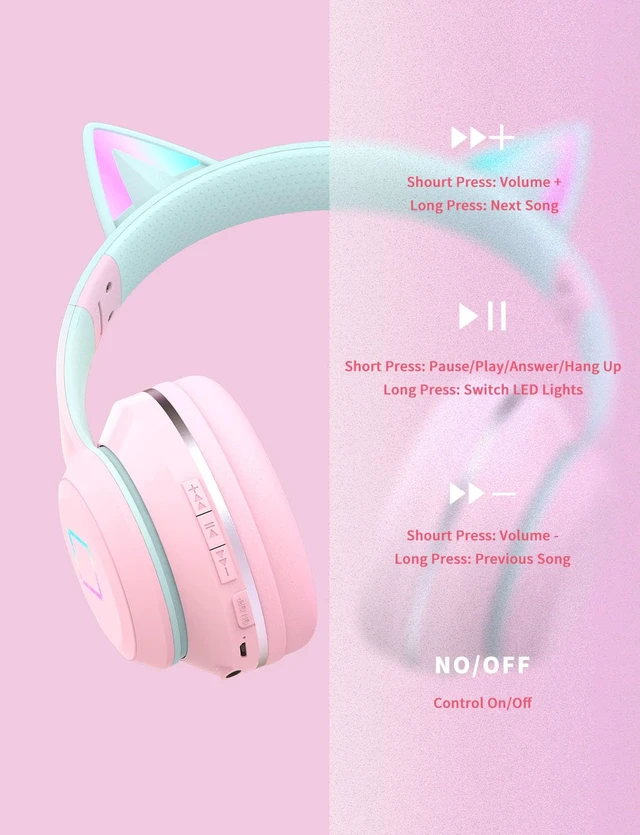 Alt view image 6 of 7 - Bluetooth Kids Headphones,Cat Ear LED Light Up Kids Wireless Headphones,Bluetooth 5.1&Stereo Sound, Foldable,Adjustable Headband,Children Headphone with Microphone for School/Tablet (Pink)