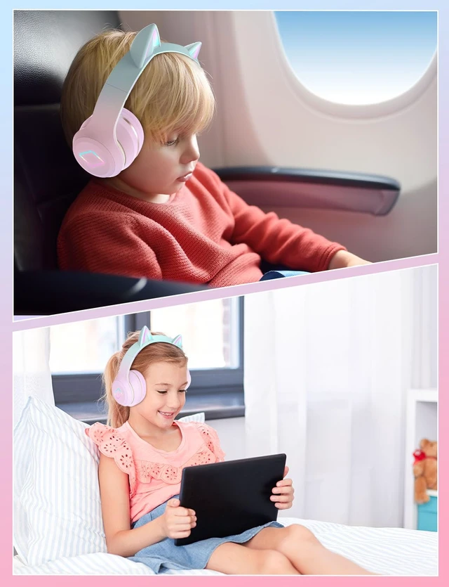 Alt view image 7 of 7 - Bluetooth Kids Headphones,Cat Ear LED Light Up Kids Wireless Headphones,Bluetooth 5.1&Stereo Sound, Foldable,Adjustable Headband,Children Headphone with Microphone for School/Tablet (Pink)