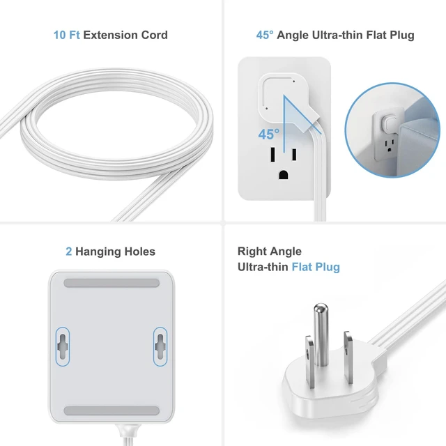 Alt view image 3 of 5 - 10 FT Flat Plug Power Strip, 8 AC Outlets and 4 USB Ports, 950J Surge Protector, Wall Mount Extension Cord for Home Office, Gray & White
