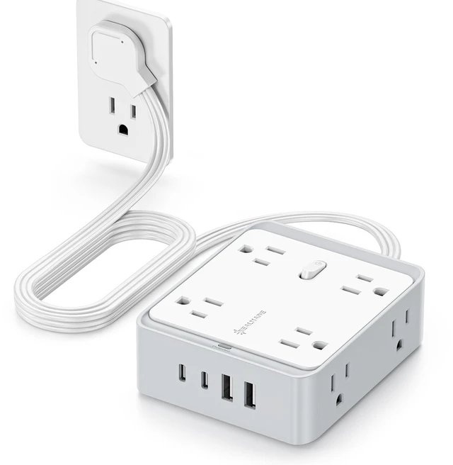 Main image of 10 FT Flat Plug Power Strip, 8 AC Outlets and 4 USB Ports, 950J Surge Protector, Wall Mount Extension Cord for Home Office, White & Gray