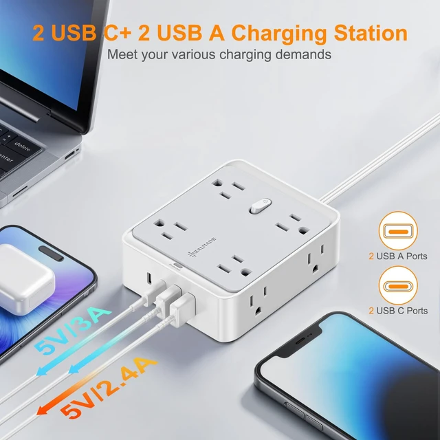 Alt view image 5 of 5 - 10 FT Flat Plug Power Strip, 8 AC Outlets and 4 USB Ports, 950J Surge Protector, Wall Mount Extension Cord for Home Office, Gray & White