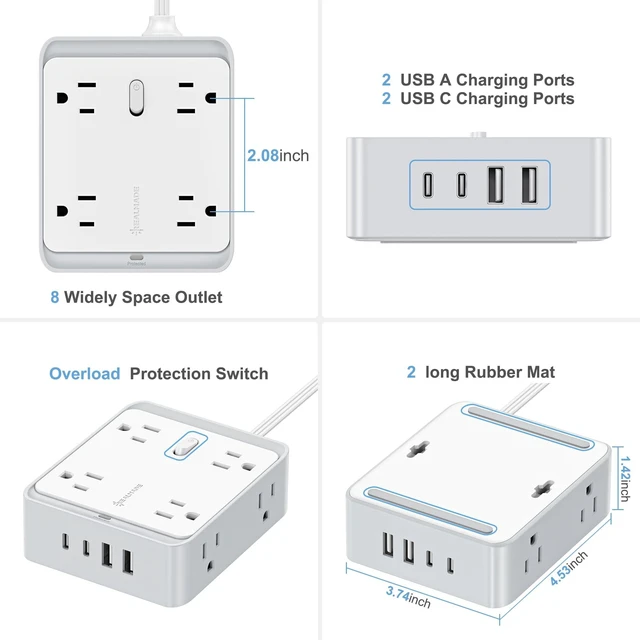 Alt view image 2 of 5 - 10 FT Flat Plug Power Strip, 8 AC Outlets and 4 USB Ports, 950J Surge Protector, Wall Mount Extension Cord for Home Office, White & Gray