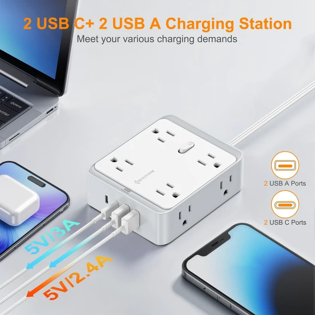 Alt view image 5 of 5 - 10 FT Flat Plug Power Strip, 8 AC Outlets and 4 USB Ports, 950J Surge Protector, Wall Mount Extension Cord for Home Office, White & Gray