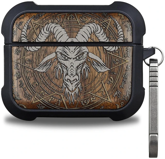 Main image of Walnut Solid Wood for AirPods Pro 2 Case (2nd/1st Gen) Baphomet Seal Airpods Pro Case 2nd / 1st Generation (2023/2022/2019) with Quick Released Keychain, TPU Shockproof Cover, Hand-Drawn Style