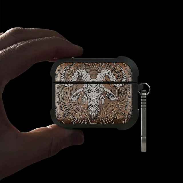Alt view image 2 of 7 - Walnut Solid Wood for AirPods Pro 3 Case (2025), Baphomet Seal AirPods Pro Case 3rd Generation, Titanium metal Quick Released Keychain, Compatible with Wireless Charging, Hand-Drawn Style