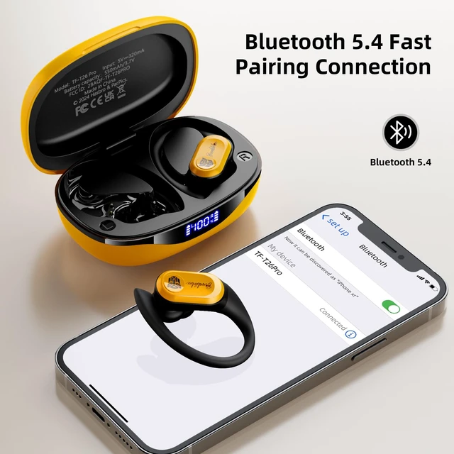 Alt view image 3 of 7 - Earbuds T26 Pro, Bluetooth 5.4 Wireless Gaming Earbuds with Mic, Over Ear Earbuds with Earhooks, 65H Playtime, Deep Bass, IPX5 Waterproof (Bumblebee Yellow)