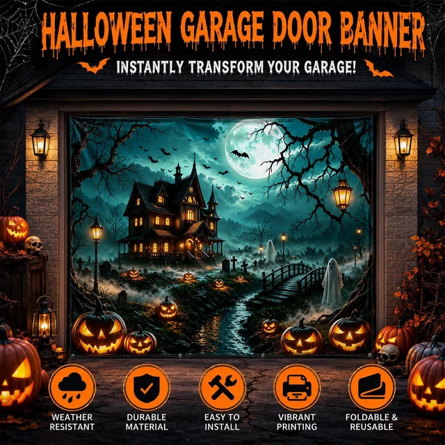 Alt view image 2 of 7 - Halloween Garage Door Cover 16 x 7 FT, Halloween Garage Banner Haunted House Design, Detailed Halloween artwork creates a spooky seasonal scene for garages, walls, yards and parties