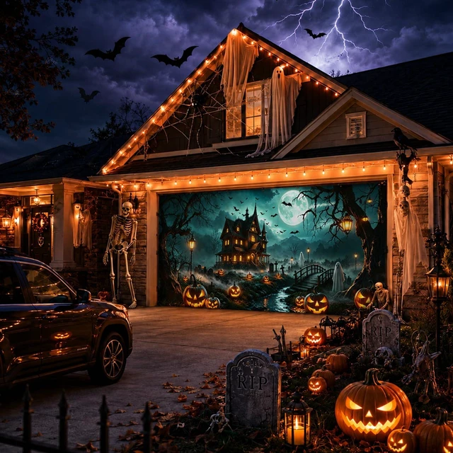 Alt view image 3 of 7 - Halloween Garage Door Cover 16 x 7 FT, Halloween Garage Banner Haunted House Design, Detailed Halloween artwork creates a spooky seasonal scene for garages, walls, yards and parties
